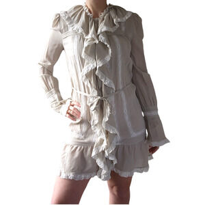 Temperley London Button Down Dress Ruffle Cream Mini Size 6 Silk Embroidery